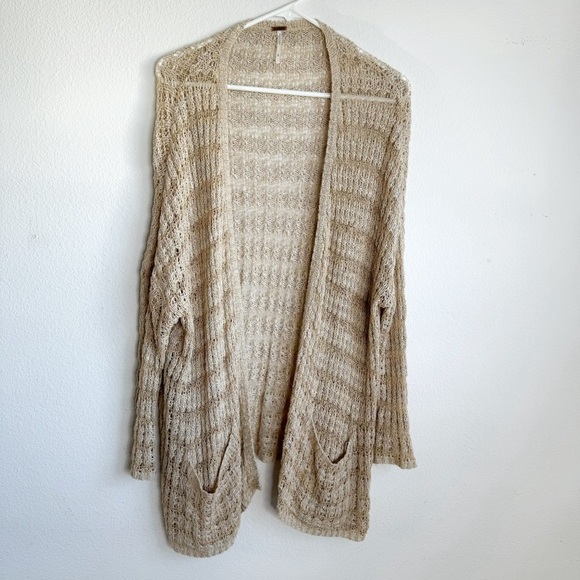 Free People last night striped beige open knit boho cardigan size small - Picture 2 of 7